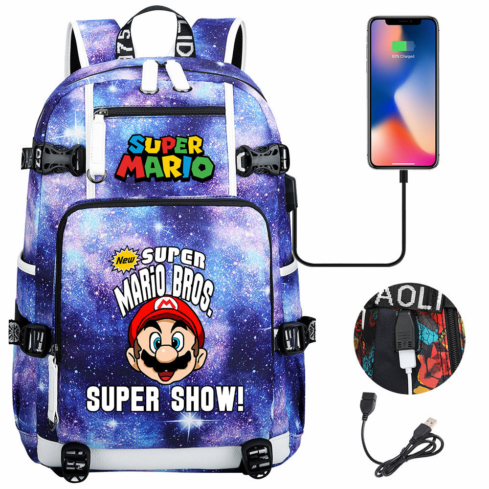 Super Mario USB Charging Backpack School NoteBook Laptop Travel Bags