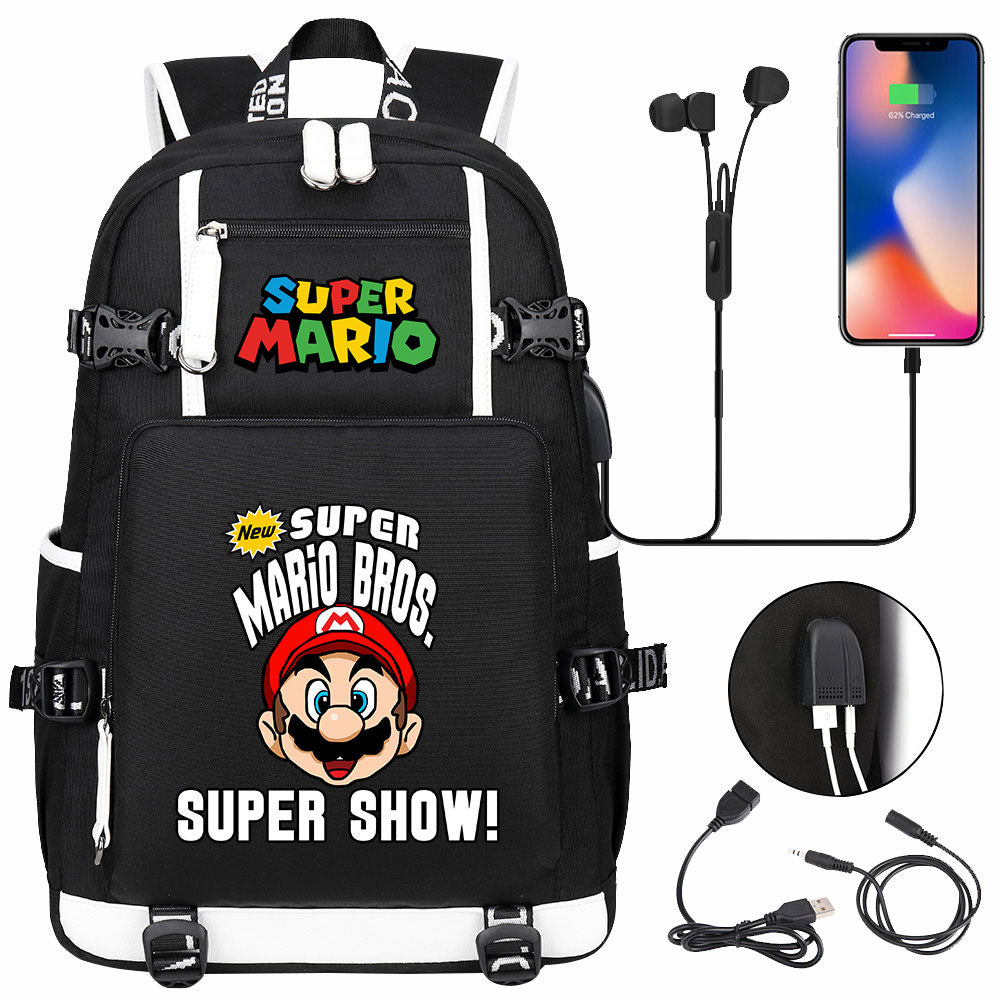 Super Mario USB Charging Backpack School NoteBook Laptop Travel Bags