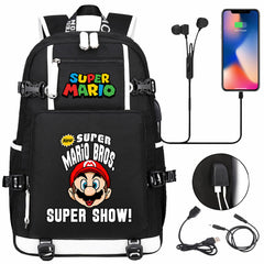 Super Mario USB Charging Backpack School NoteBook Laptop Travel Bags