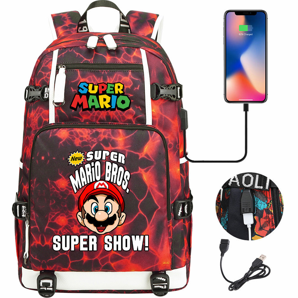 Super Mario USB Charging Backpack School NoteBook Laptop Travel Bags
