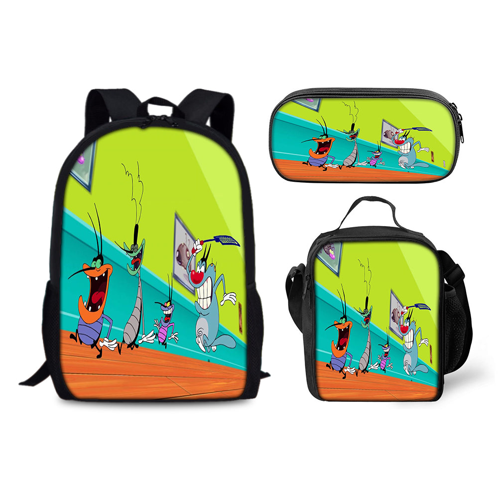 Oggy and the Cockroaches Schoolbag Backpack Lunch Bag Pencil Case 3pcs Set Gift for Kids Students
