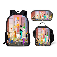 Phineas and Ferb Schoolbag Backpack Lunch Bag Pencil Case 3pcs Set Gift for Kids Students