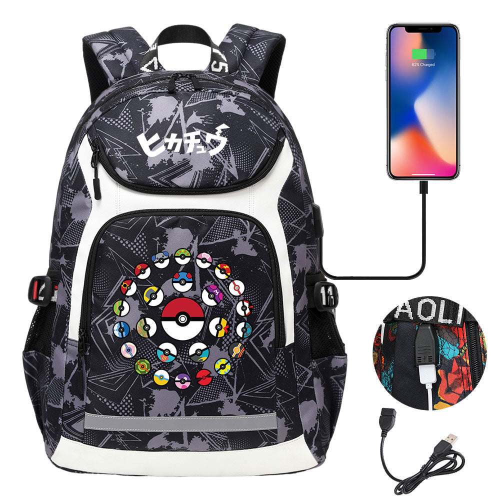 Pikachu Evee Gengar USB Charging Backpack School NoteBook Laptop Travel Bags
