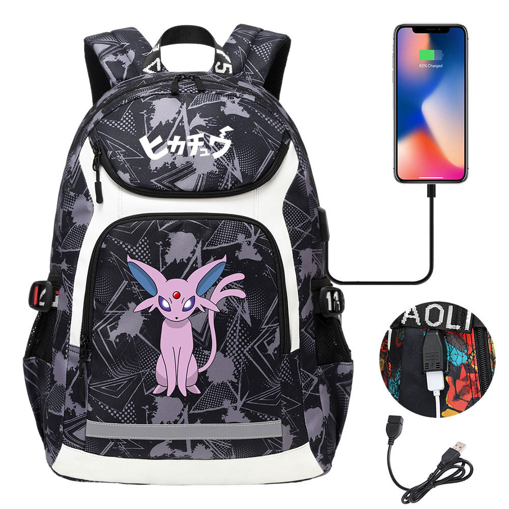 Pikachu Evee Gengar USB Charging Backpack School NoteBook Laptop Travel Bags