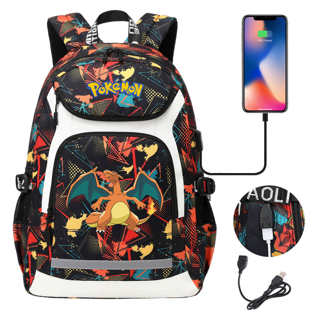 Pokemon Charizard USB Charging Backpack School NoteBook Laptop Travel Bags