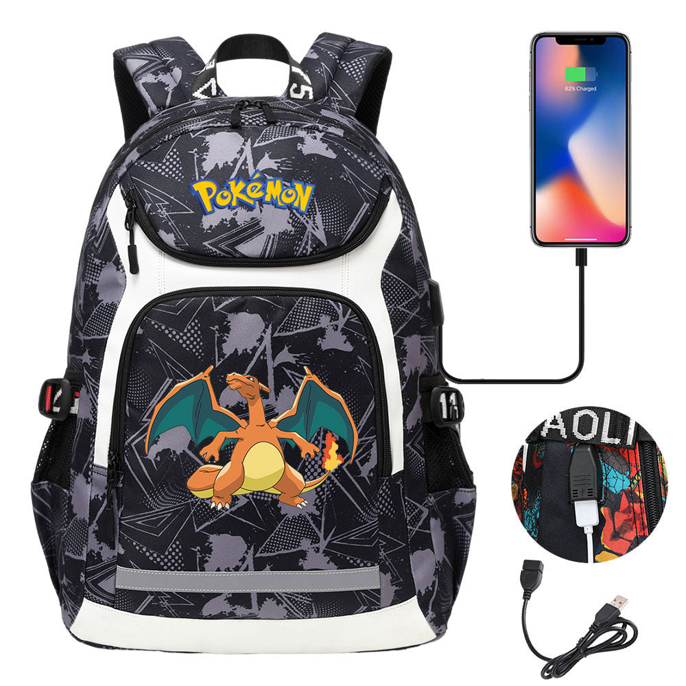 Pokemon Charizard USB Charging Backpack School NoteBook Laptop Travel Bags