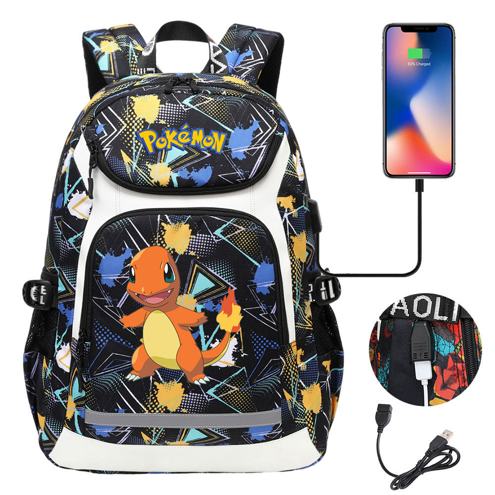 Pokemon Charmander USB Charging Backpack School NoteBook Laptop Travel Bags