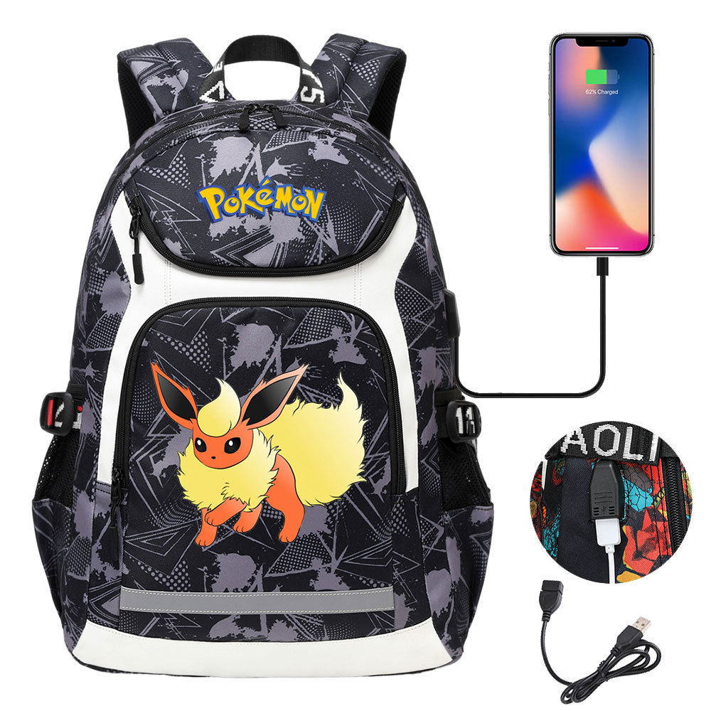 Pokemon Flareon USB Charging Backpack School NoteBook Laptop Travel Bags