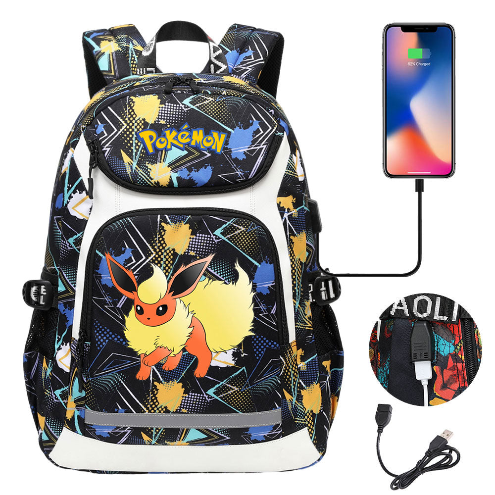 Pokemon Flareon USB Charging Backpack School NoteBook Laptop Travel Bags
