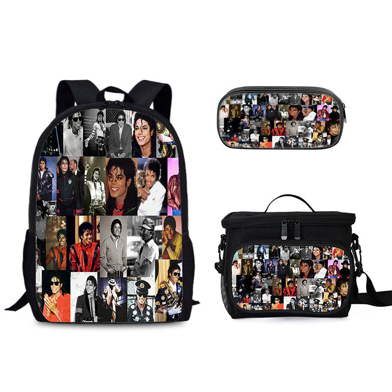 Pop Superstar Michael Jackson Schoolbag Backpack Lunch Bag Pencil Case 3pcs Set Gift for Kids Students