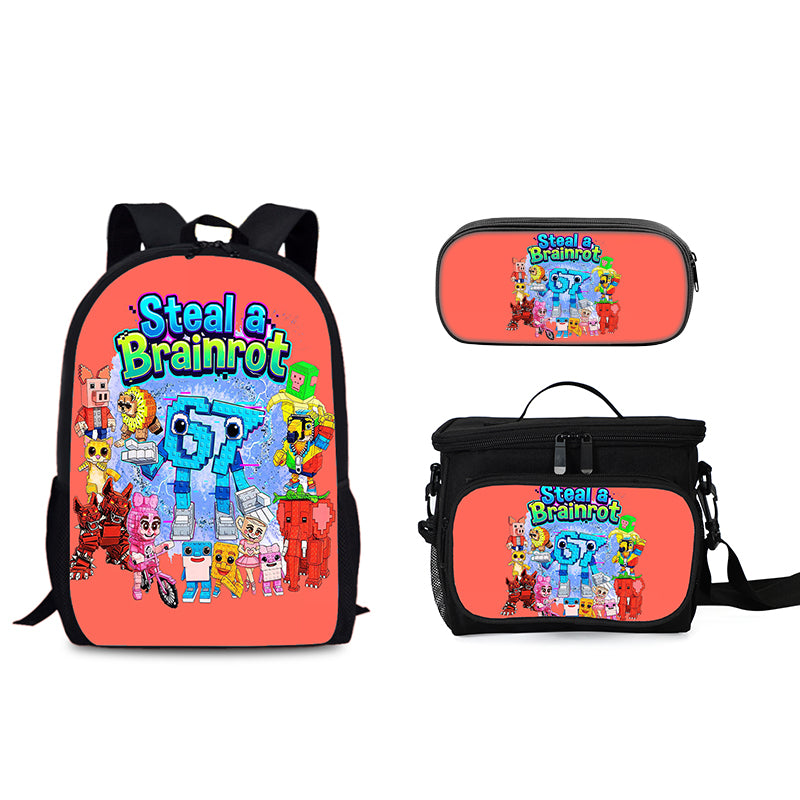 Steal n Catch the Brainrot Schoolbag Backpack Lunch Tote Pencil Case 3pcs Set Gift for Kids Students