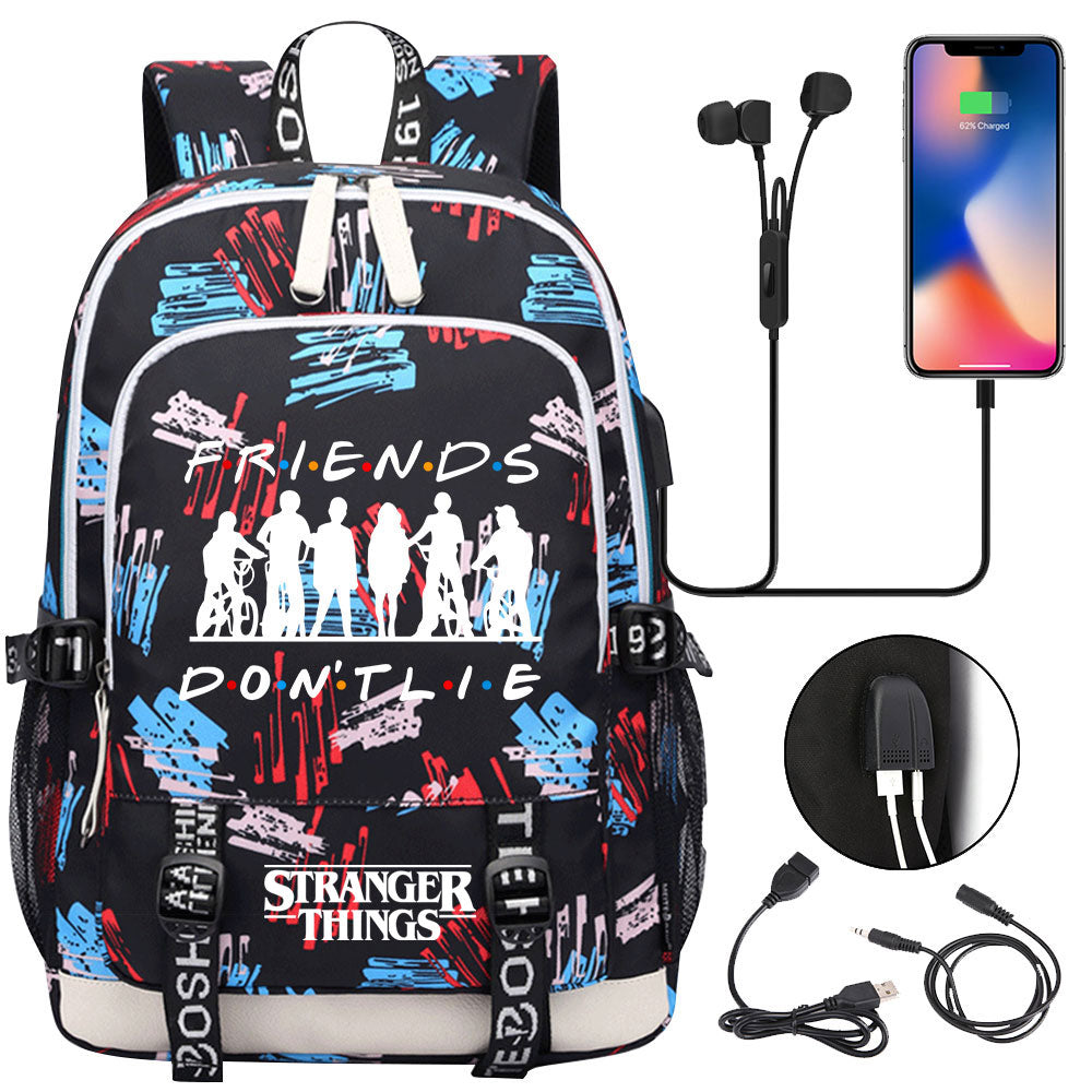 Strangers Things USB Charging Backpack School Note Book Laptop Travel Bags