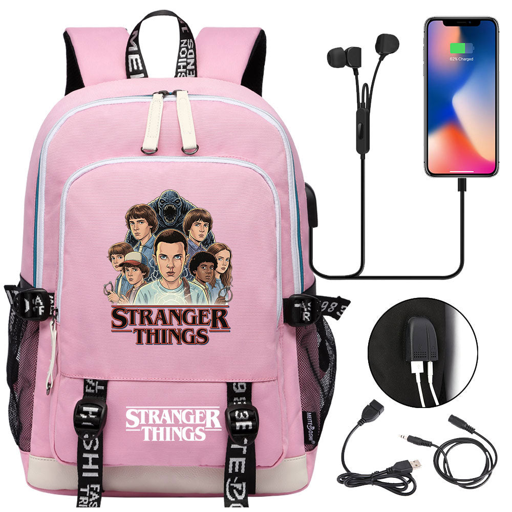 Strangers Things Hellfire Club USB Charging Backpack School Note Book Laptop Travel Bags