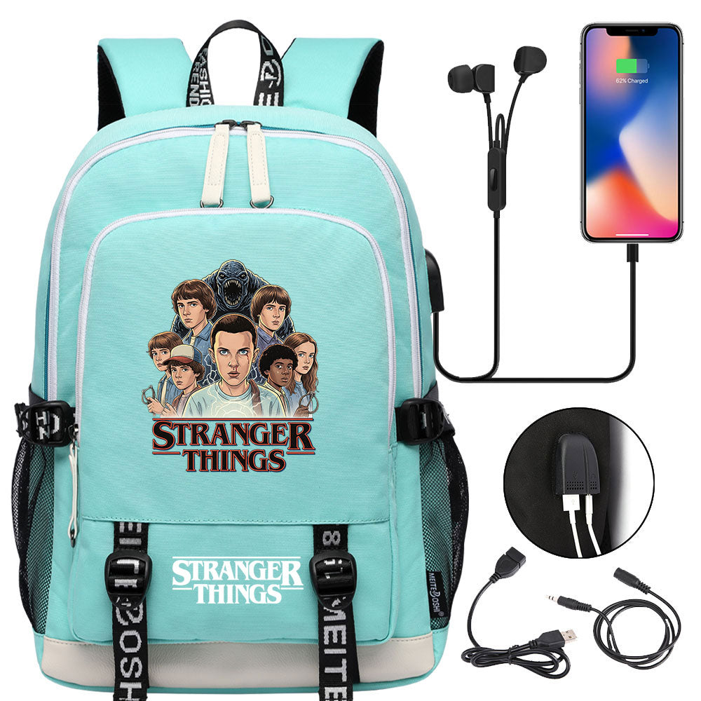 Strangers Things Hellfire Club USB Charging Backpack School Note Book Laptop Travel Bags