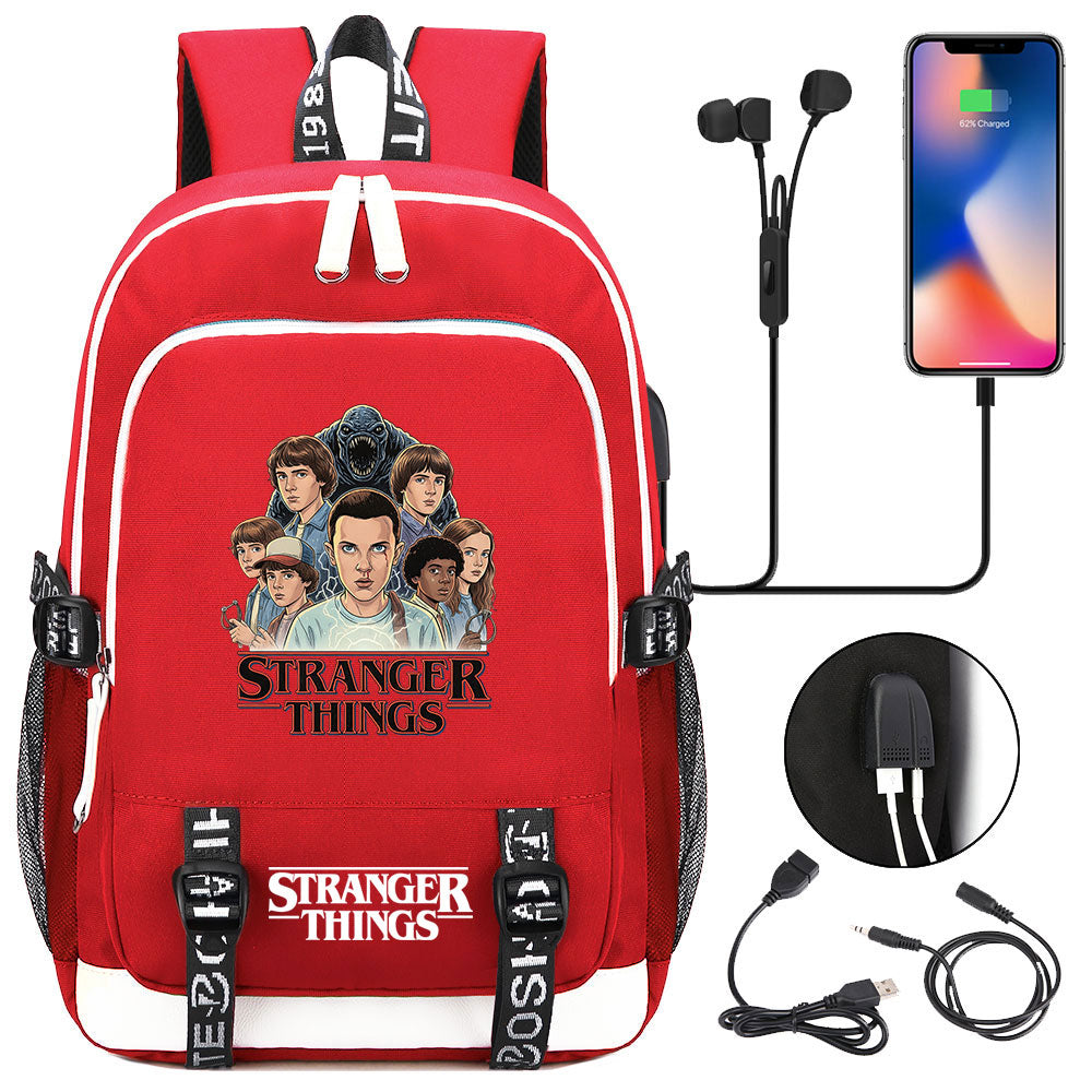 Strangers Things Hellfire Club USB Charging Backpack School Note Book Laptop Travel Bags
