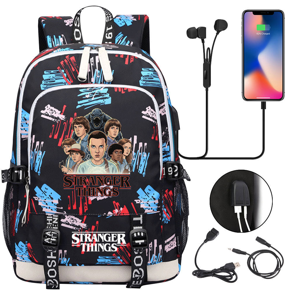 Strangers Things Hellfire Club USB Charging Backpack School Note Book Laptop Travel Bags