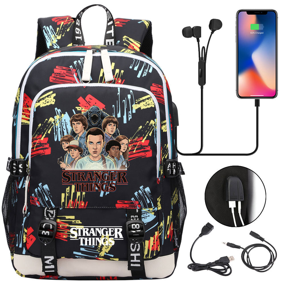 Strangers Things Hellfire Club USB Charging Backpack School Note Book Laptop Travel Bags