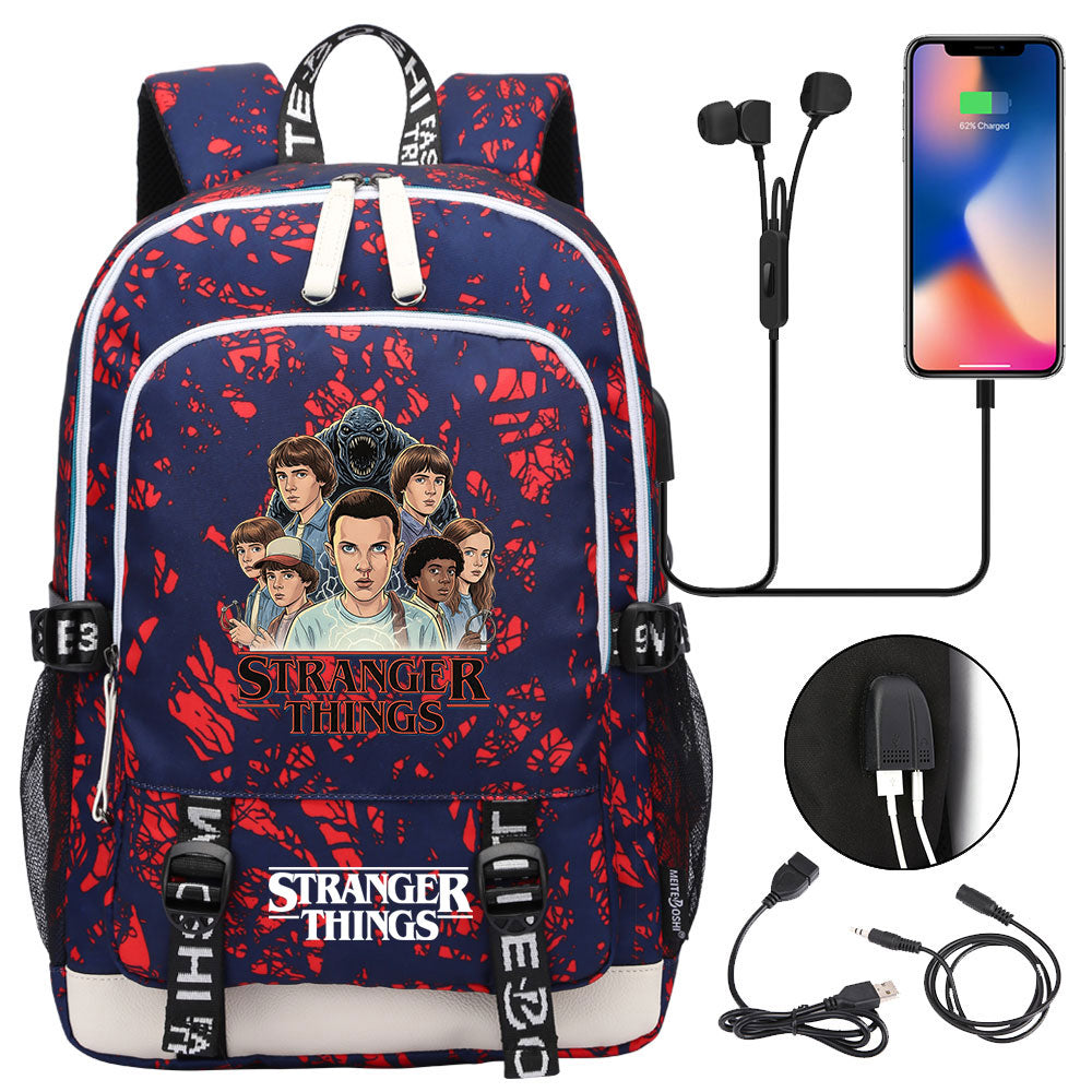 Strangers Things Hellfire Club USB Charging Backpack School Note Book Laptop Travel Bags