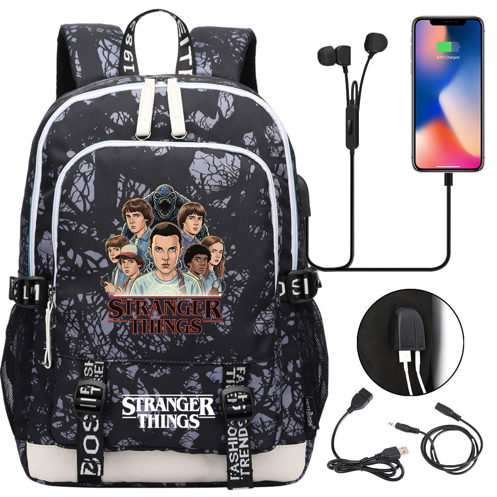 Strangers Things Hellfire Club USB Charging Backpack School Note Book Laptop Travel Bags