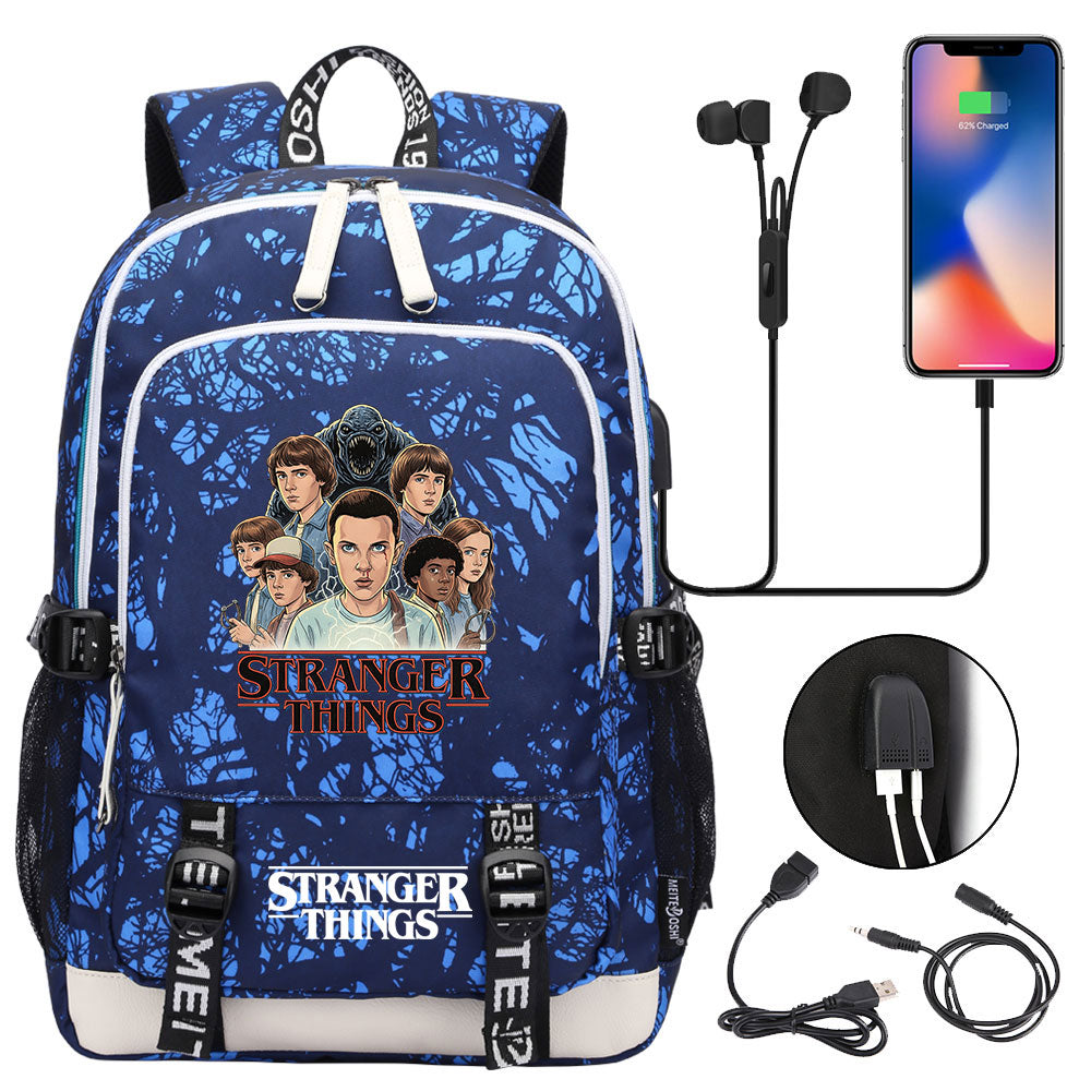 Strangers Things Hellfire Club USB Charging Backpack School Note Book Laptop Travel Bags