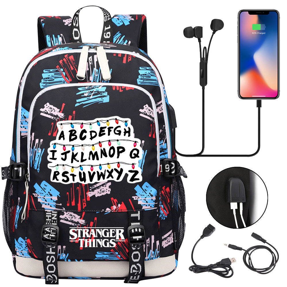 Strangers Things USB Charging Backpack School Note Book Laptop Travel Bags