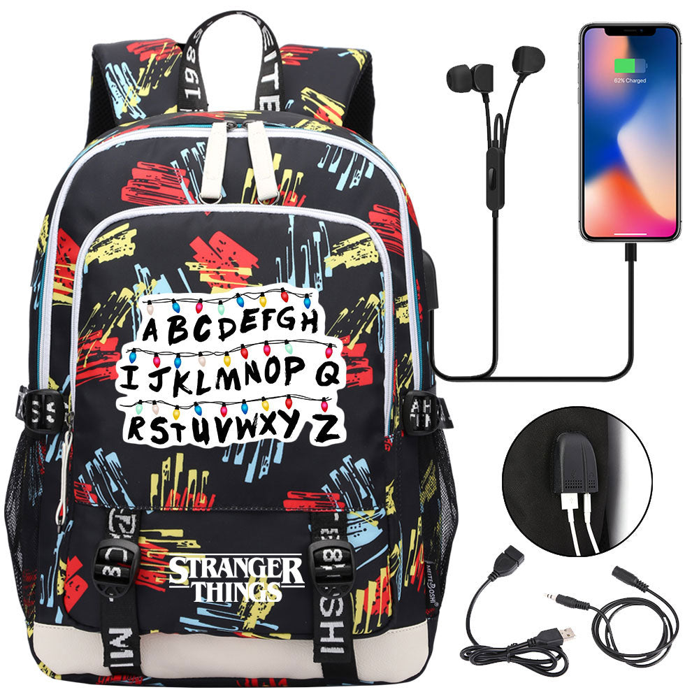 Strangers Things USB Charging Backpack School Note Book Laptop Travel Bags