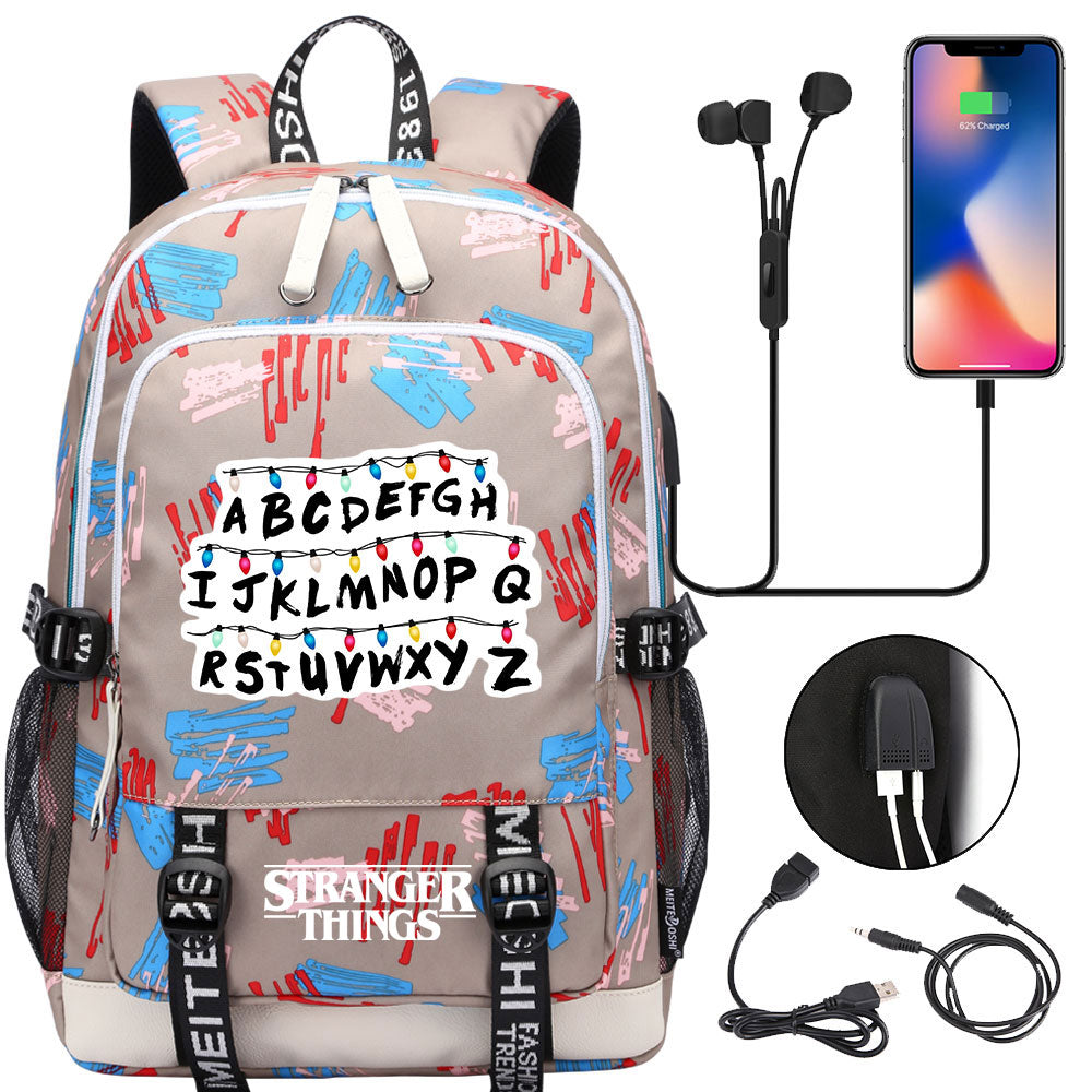 Strangers Things USB Charging Backpack School Note Book Laptop Travel Bags