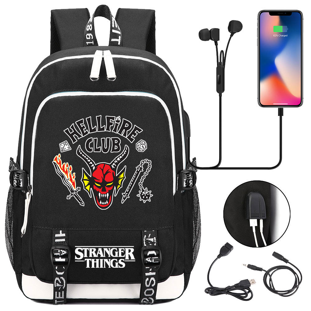 Strangers Things Hellfire Club USB Charging Backpack School Note Book Laptop Travel Bags