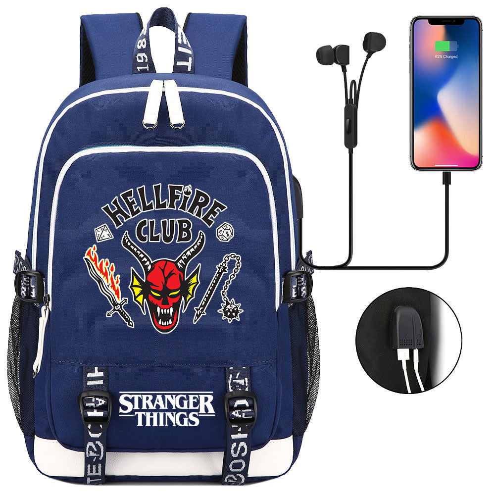 Strangers Things Hellfire Club USB Charging Backpack School Note Book Laptop Travel Bags