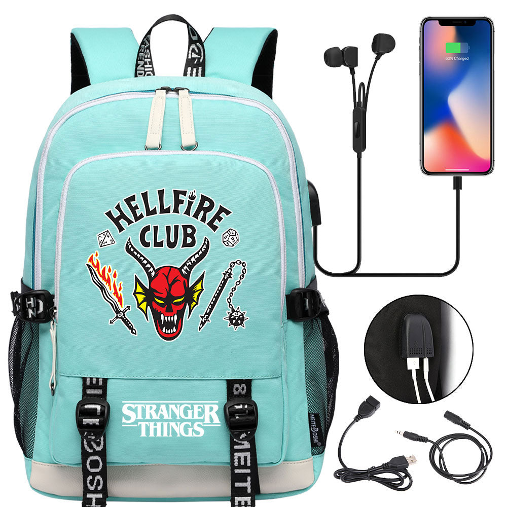 Strangers Things Hellfire Club USB Charging Backpack School Note Book Laptop Travel Bags