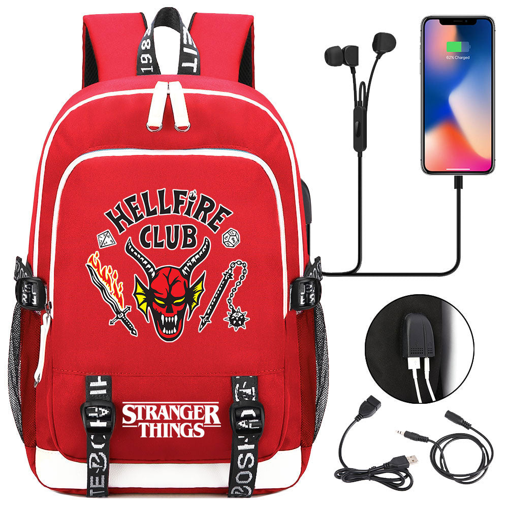 Strangers Things Hellfire Club USB Charging Backpack School Note Book Laptop Travel Bags