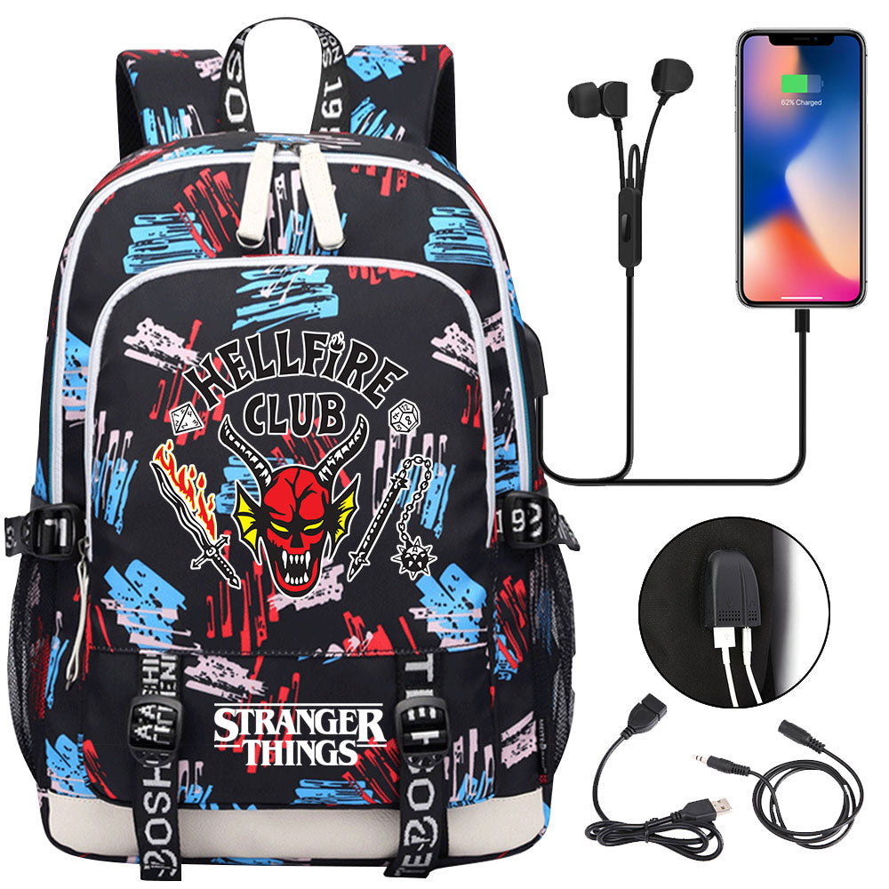 Strangers Things Hellfire Club USB Charging Backpack School Note Book Laptop Travel Bags