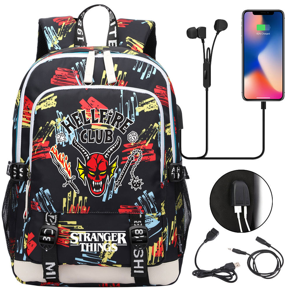 Strangers Things Hellfire Club USB Charging Backpack School Note Book Laptop Travel Bags