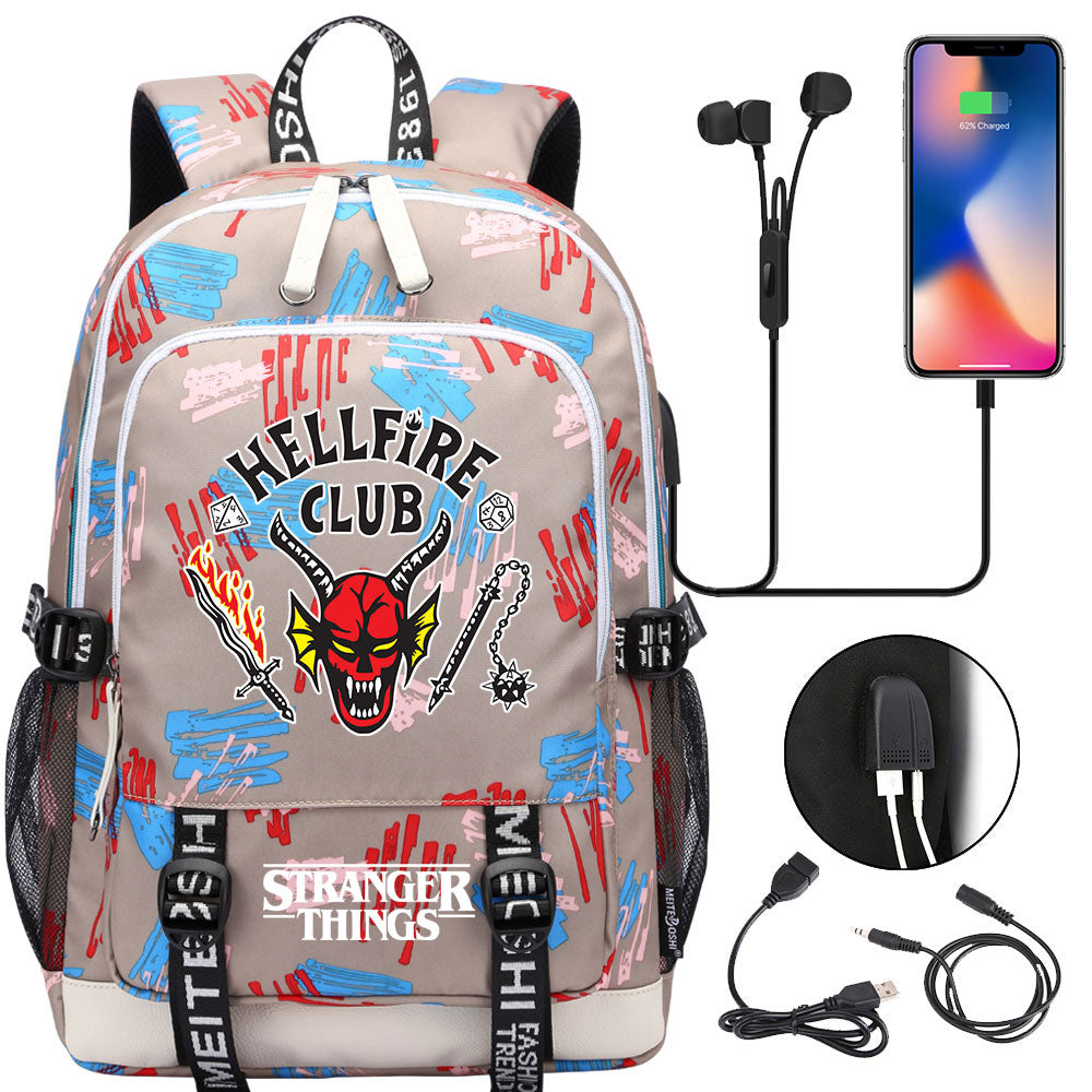 Strangers Things Hellfire Club USB Charging Backpack School Note Book Laptop Travel Bags