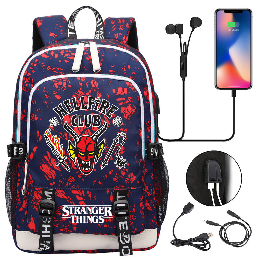 Strangers Things Hellfire Club USB Charging Backpack School Note Book Laptop Travel Bags
