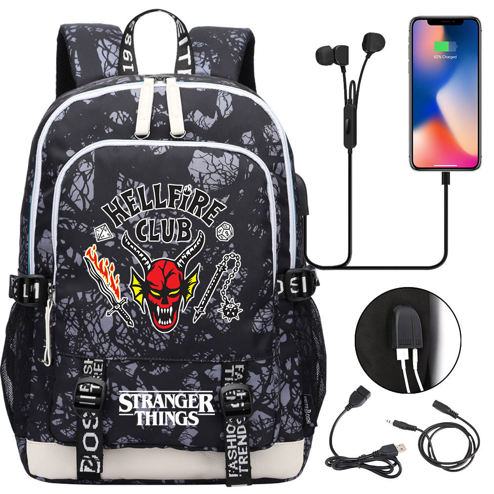 Strangers Things Hellfire Club USB Charging Backpack School Note Book Laptop Travel Bags