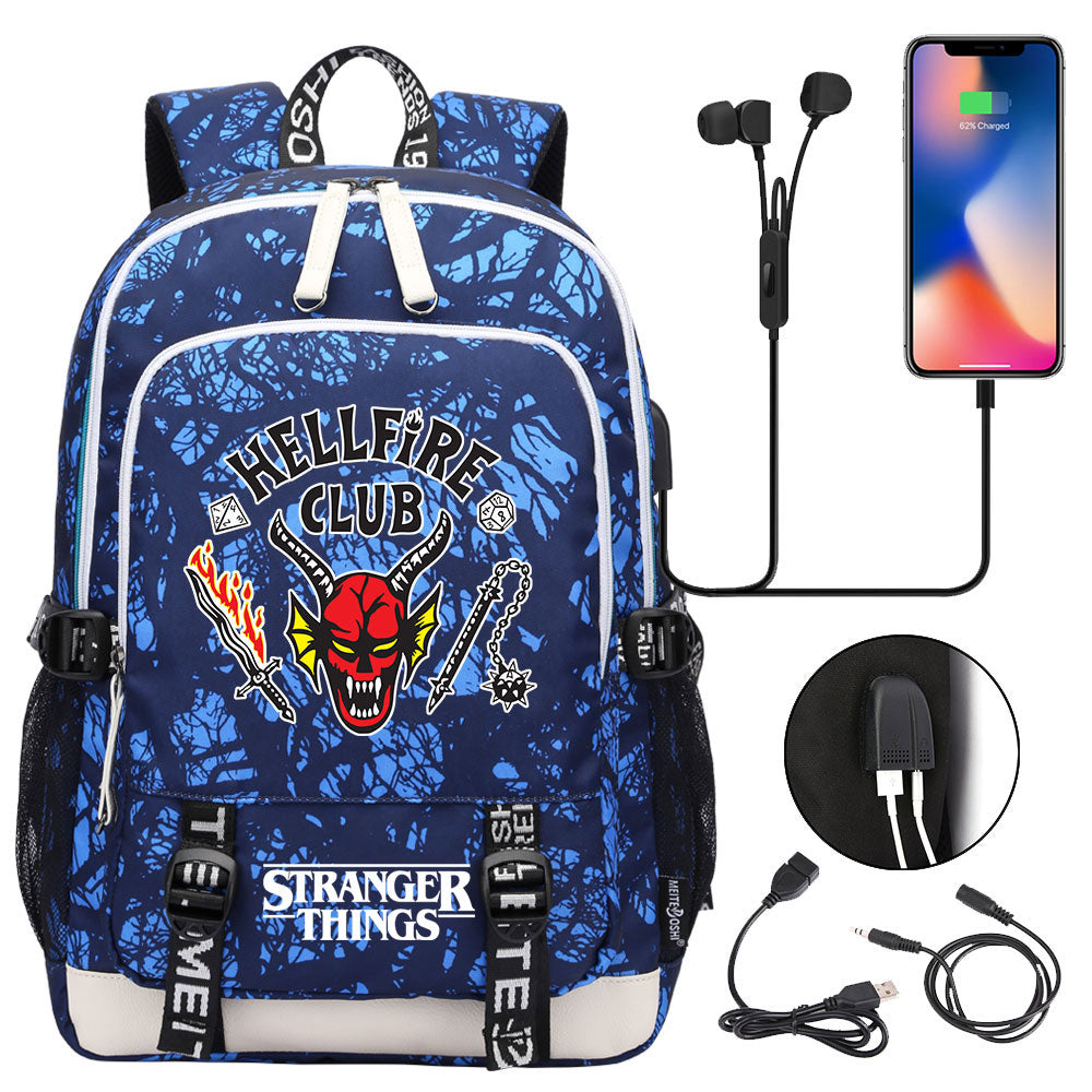Strangers Things Hellfire Club USB Charging Backpack School Note Book Laptop Travel Bags