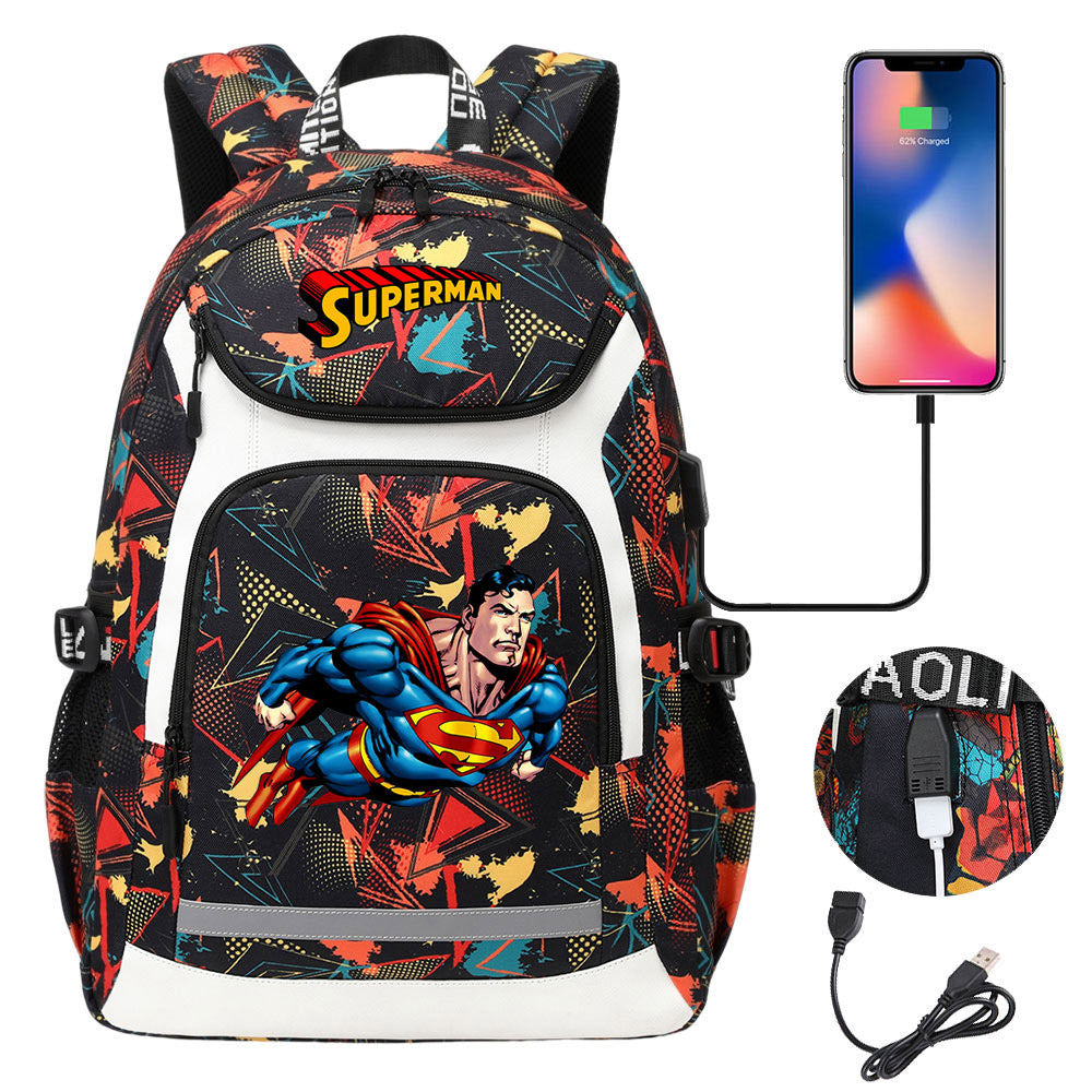 Superman Superhero USB Charging Backpack School NoteBook Laptop Travel Bags