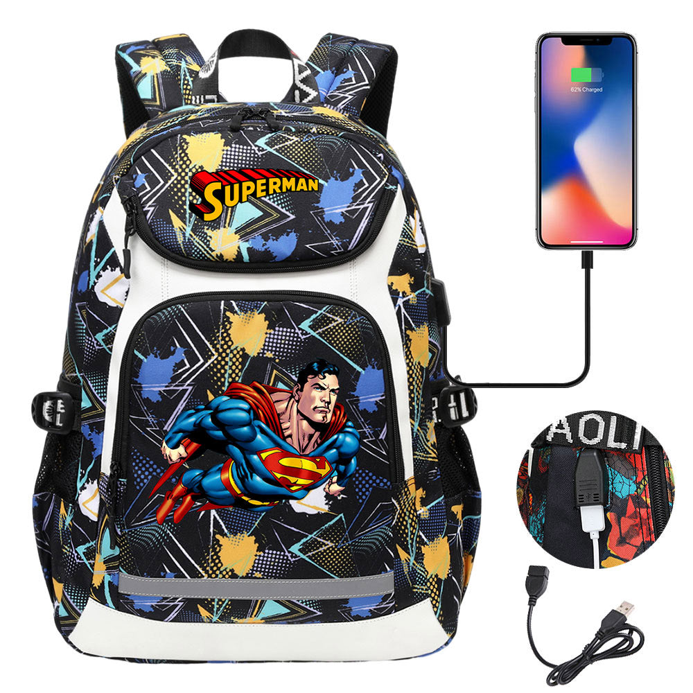 Superman Superhero USB Charging Backpack School NoteBook Laptop Travel Bags