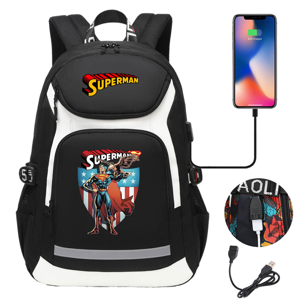 Superman Superhero USB Charging Backpack School NoteBook Laptop Travel Bags