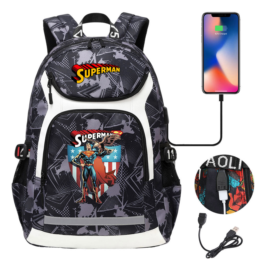 Superman Superhero USB Charging Backpack School NoteBook Laptop Travel Bags