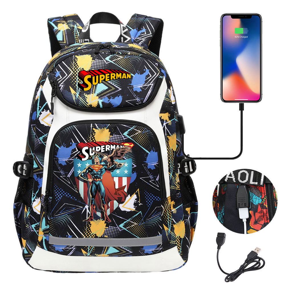 Superman Superhero USB Charging Backpack School NoteBook Laptop Travel Bags