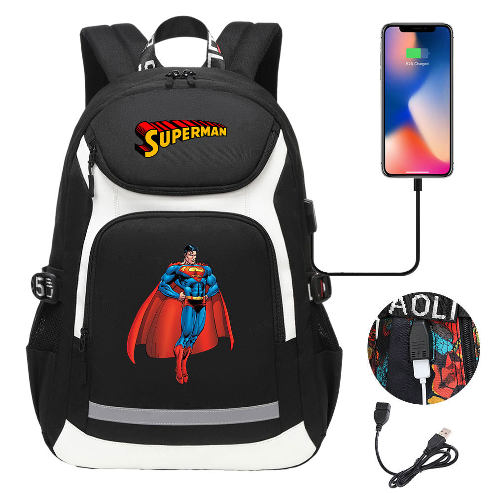 Superman Superhero USB Charging Backpack School NoteBook Laptop Travel Bags