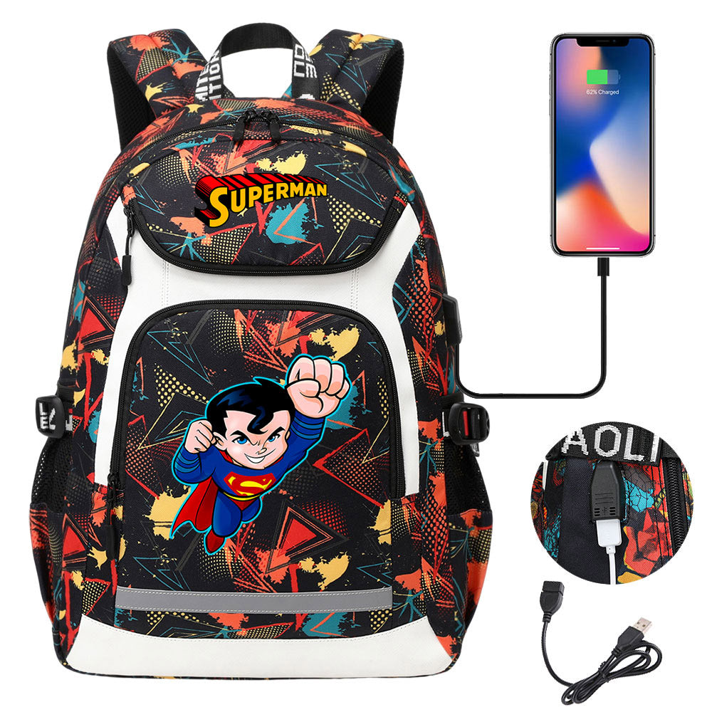 Superman Superhero USB Charging Backpack School NoteBook Laptop Travel Bags