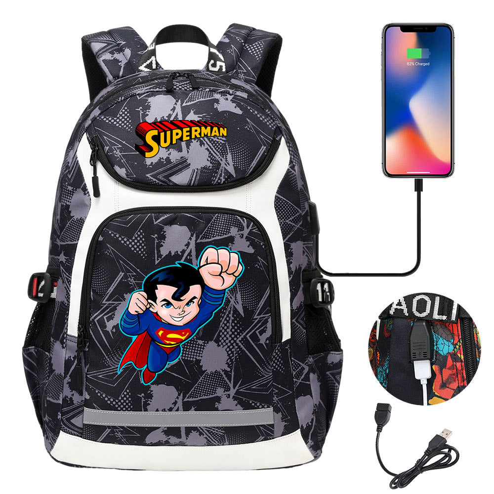 Superman Superhero USB Charging Backpack School NoteBook Laptop Travel Bags