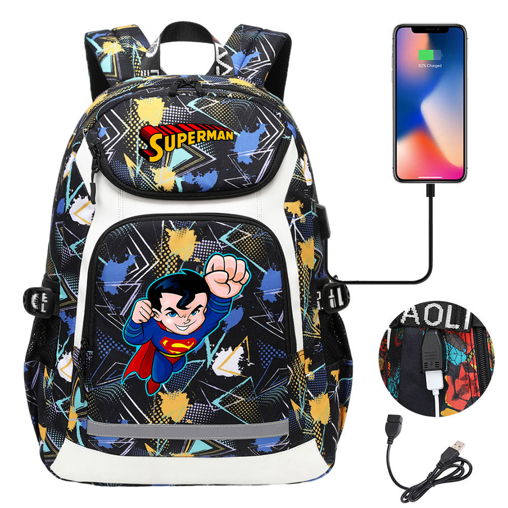 Superman Superhero USB Charging Backpack School NoteBook Laptop Travel Bags