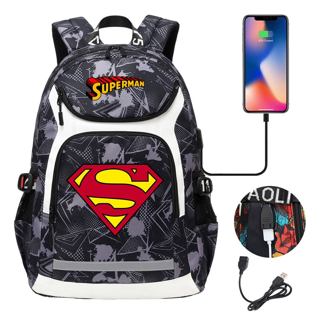 Superman Superhero USB Charging Backpack School NoteBook Laptop Travel Bags