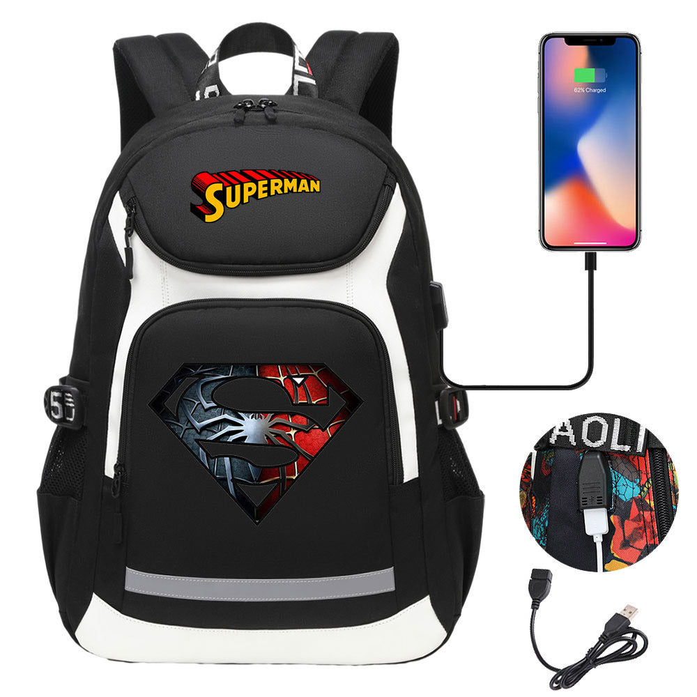 Superman Superhero USB Charging Backpack School NoteBook Laptop Travel Bags