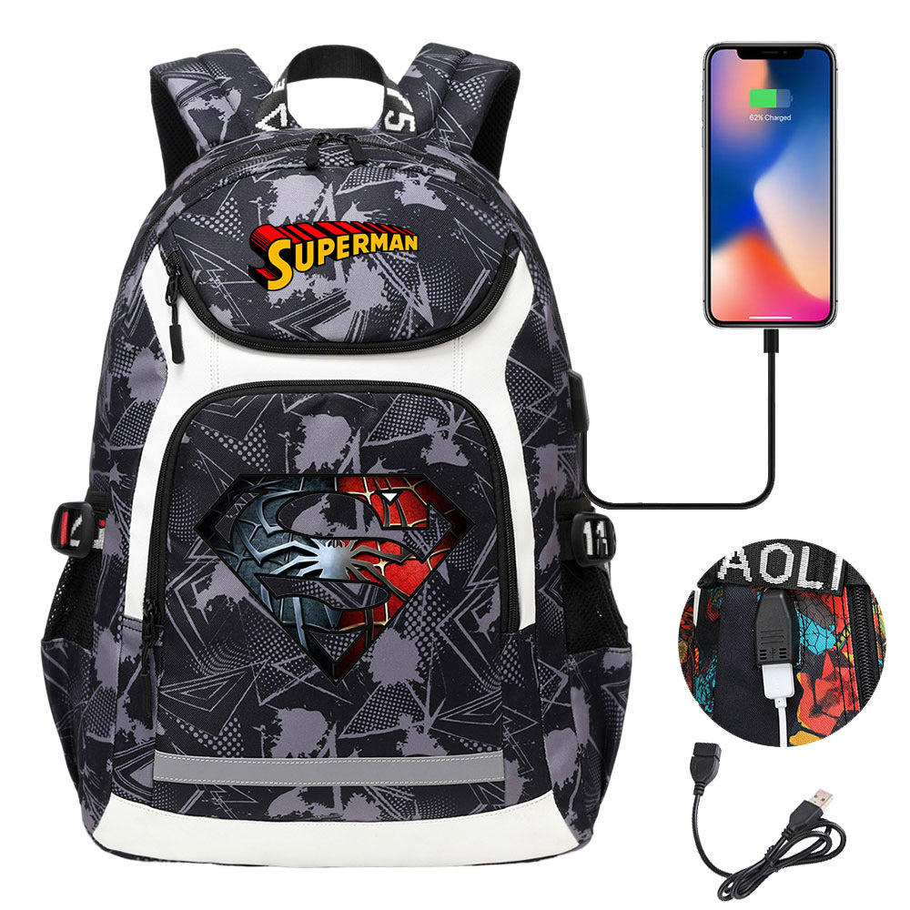 Superman Superhero USB Charging Backpack School NoteBook Laptop Travel Bags