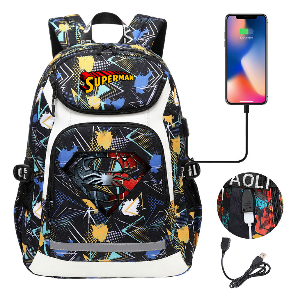 Superman Superhero USB Charging Backpack School NoteBook Laptop Travel Bags